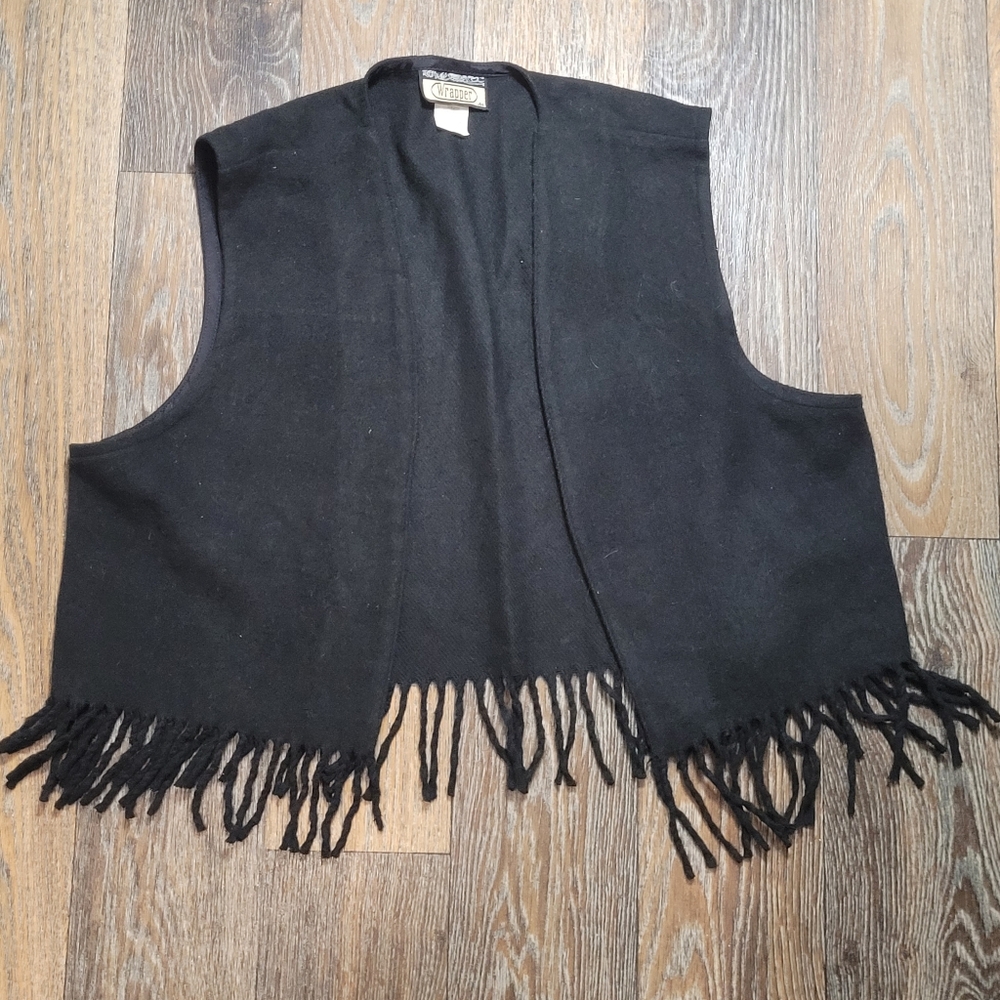 Vintage Wrapper Womens Large Wool Blend Vest Black Fringe Western  Festival